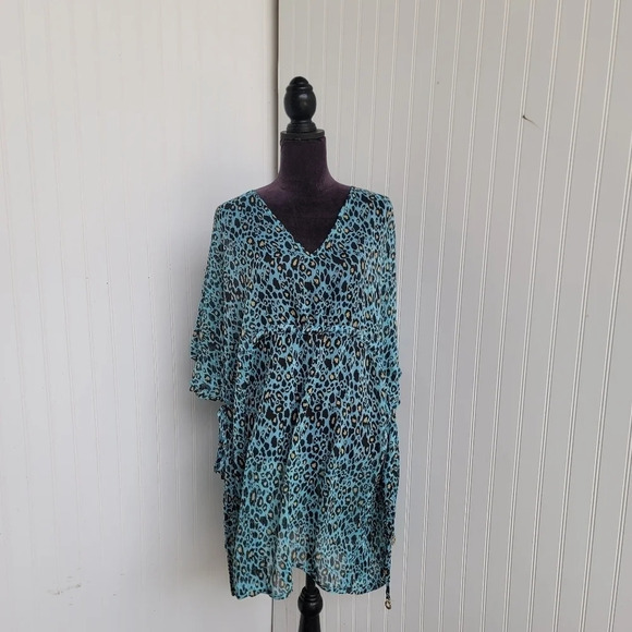 Mud Pie Womens Blue Green Brown Yellow Leopard V-Neck Swim Cover Up Tie L/ XL - Picture 1 of 14